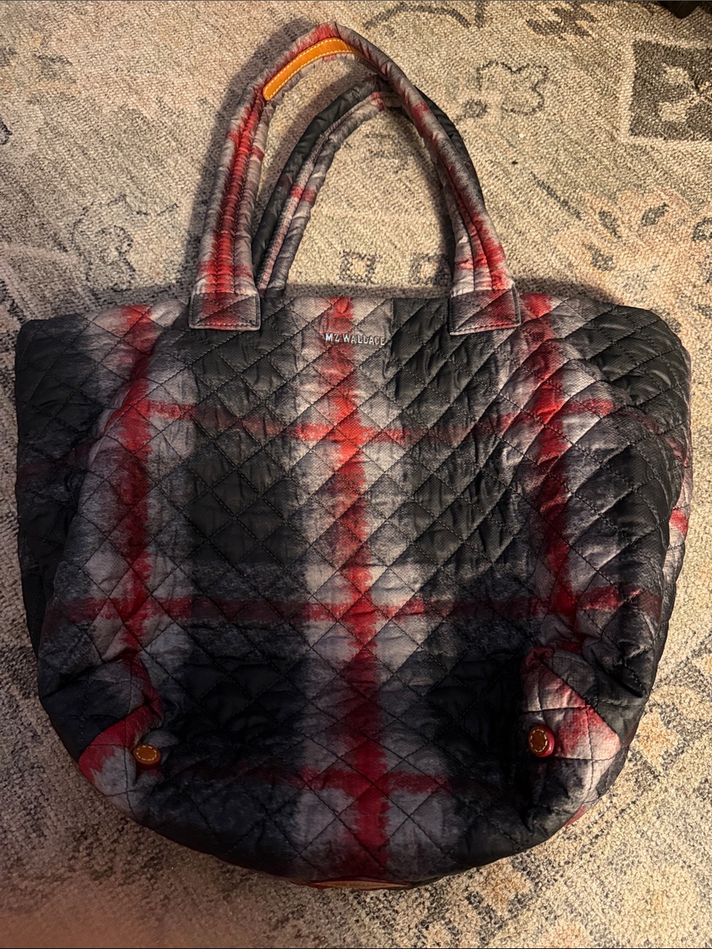 MZ Wallace Redwood Plaid Quilted Medium Metro Tote Bag in Black, Grey and Red